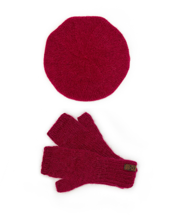 komplet beret klasyczny i mitenki z wełny alpaki czerwony